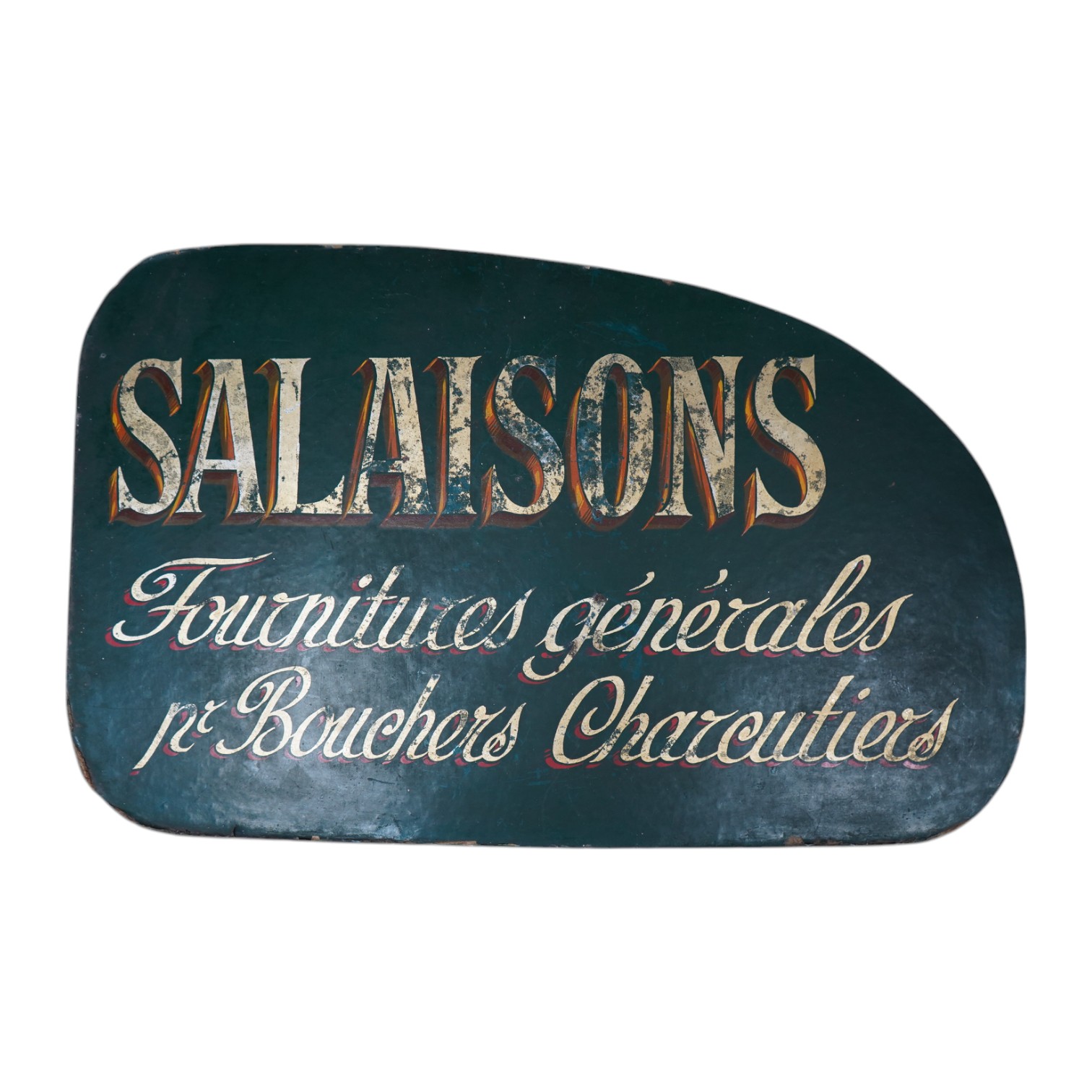 A vintage French 'Salaisons Fournitures générales Bouchers Charcutiers’ sign, 66cm wide. Condition - fair